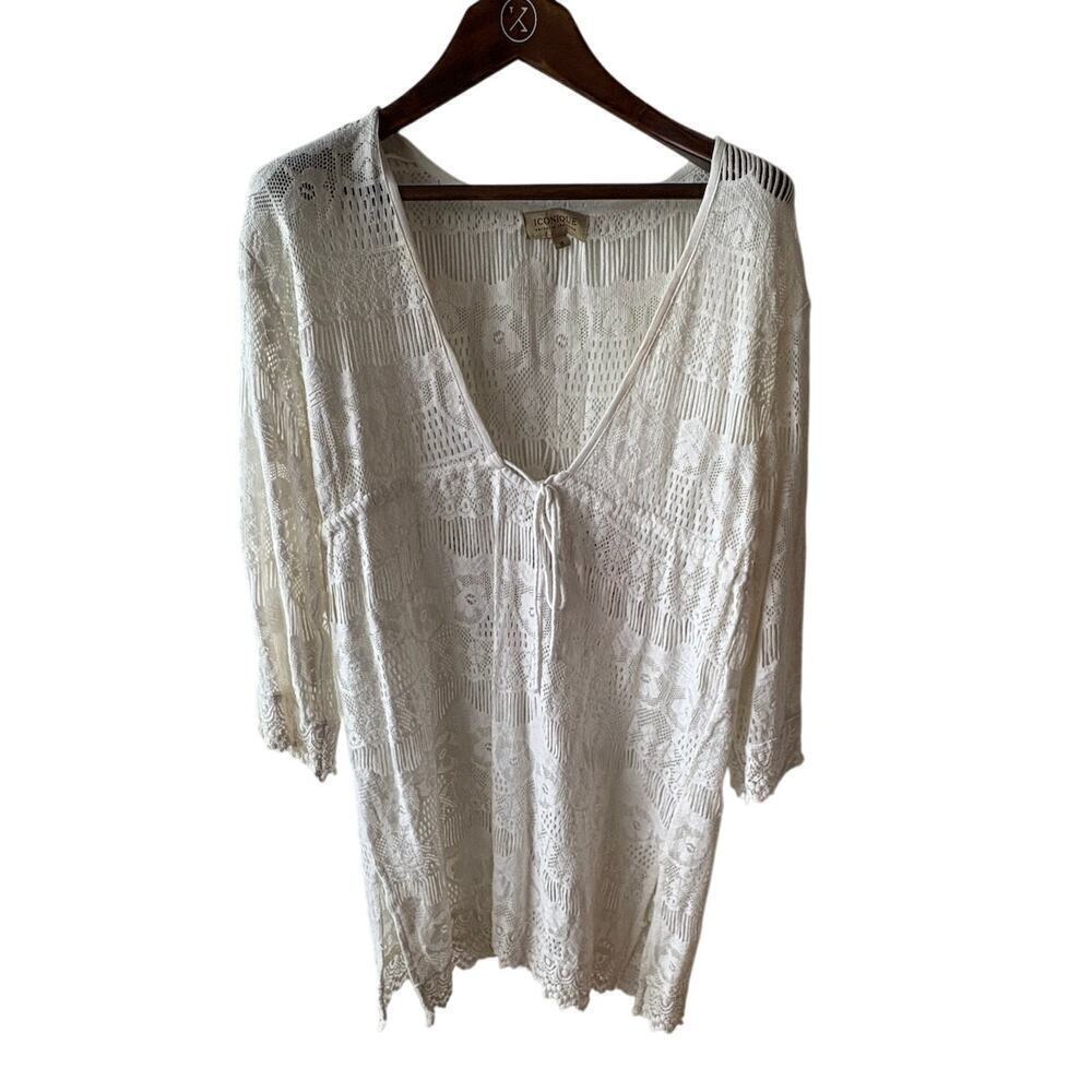 Women's M Iconique Italy Crochet Lace Swim Cover Up Embroidered Birds Cotton
